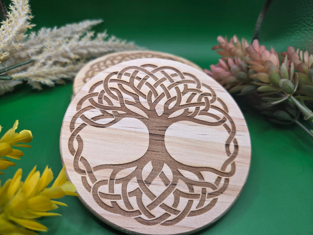 Celtic Tree of Life Coaster Set - 4pc - Wood Engraved